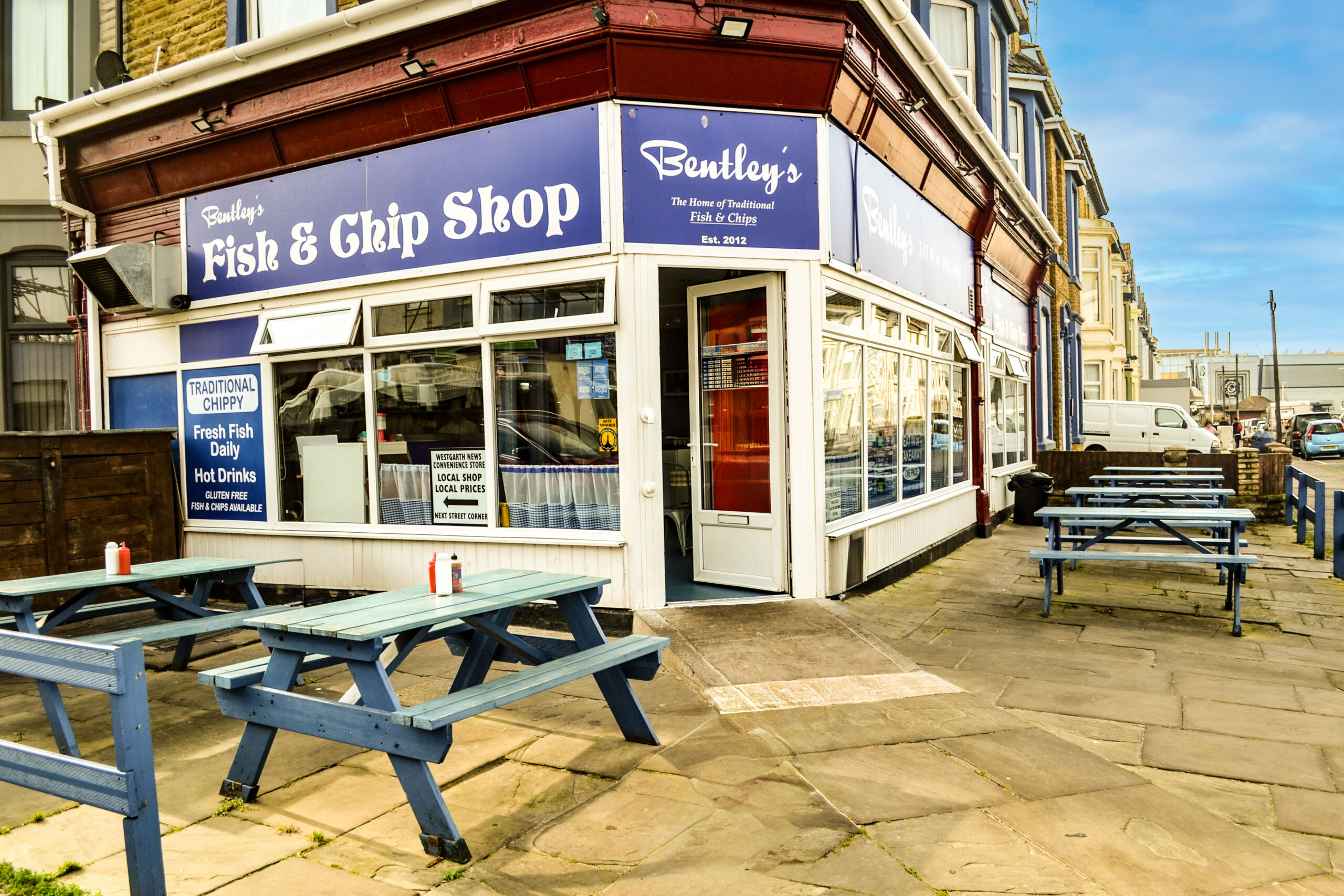 Bentley's Fish and Chips shopfront on Bond Street in Blackpool