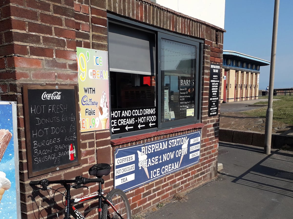 Bispham Station Cafe shopfront with ice cream and drinks signs