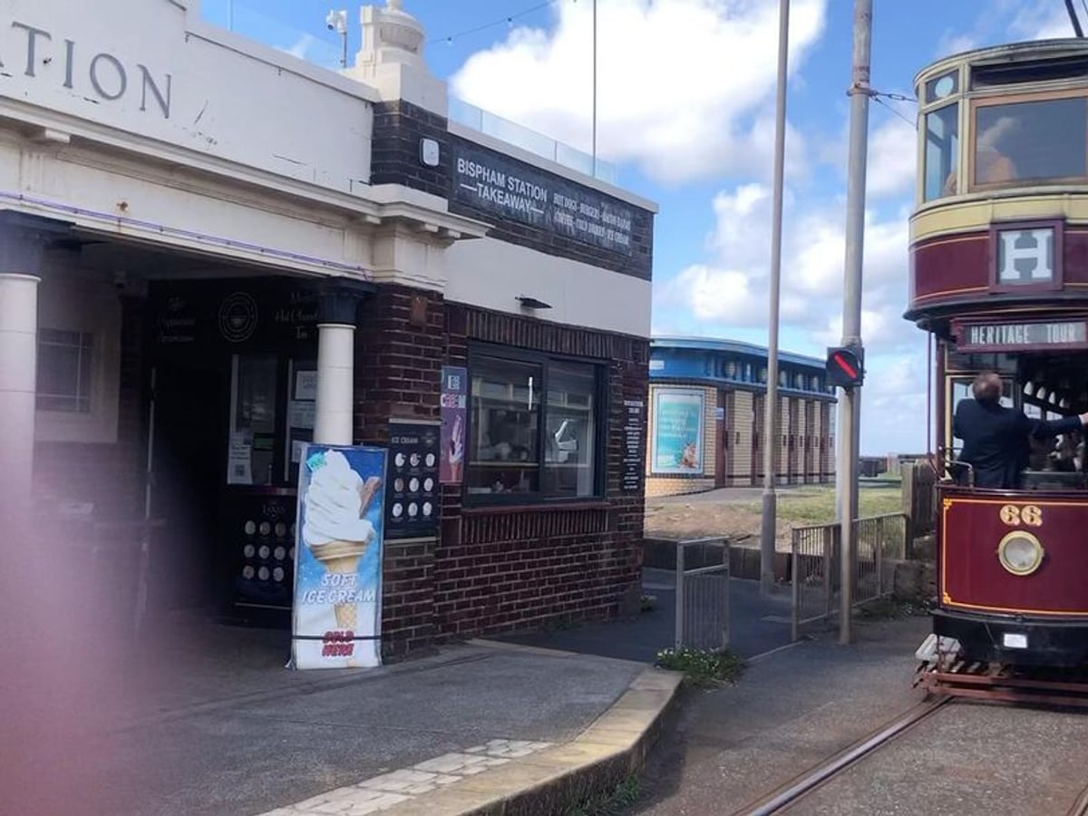 Bispham Station Cafe beside a heritage tram at Bispham Station