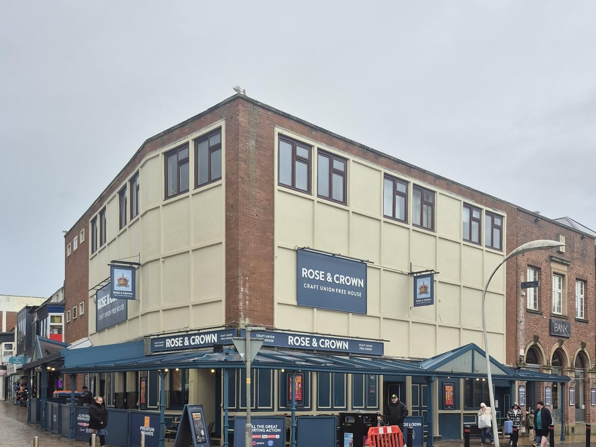 Rose and Crown pub exterior on Corporation Street in Blackpool